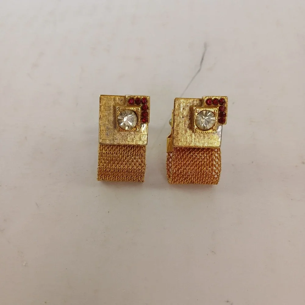 Vintage Gold Tone Clear & Red Rhinestone Wrap Around Mesh Cuff Links